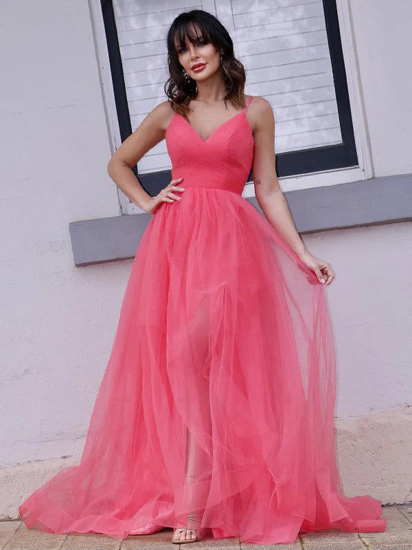 A-Line Princess Tulle Ruffles V-neck Sleeveless Spaghetti Straps Prom Dresses