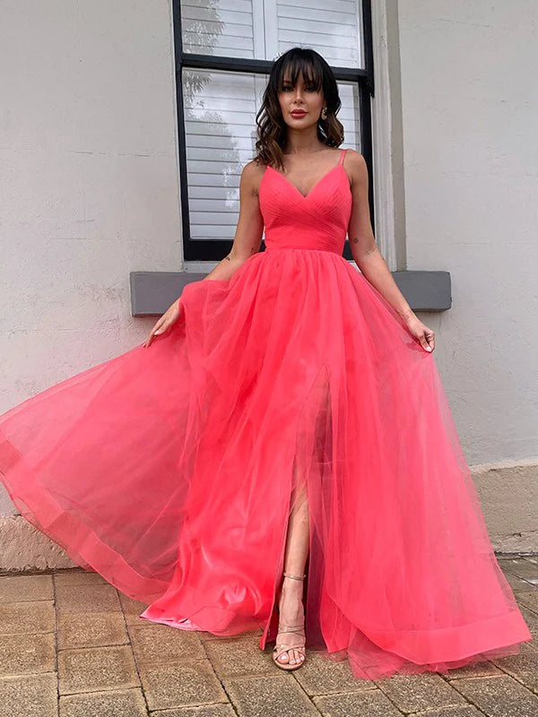 A-Line Princess Tulle Ruffles V-neck Sleeveless Spaghetti Straps Prom Dresses