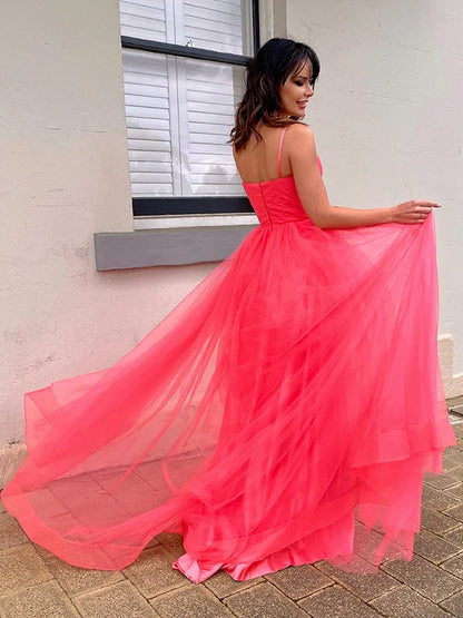 A-Line Princess Tulle Ruffles V-neck Sleeveless Spaghetti Straps Prom Dresses