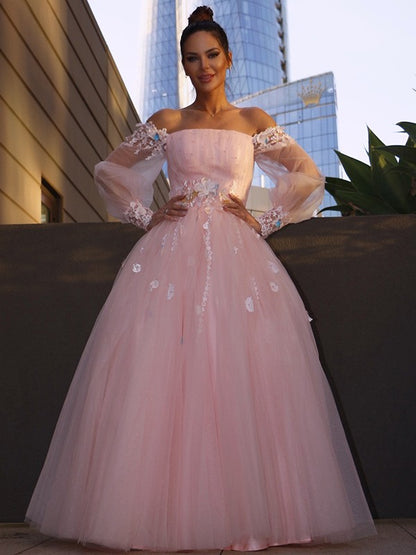 Ball Gown Hand-Made Flower Tulle Long Sleeves Off-the-Shoulder Floor-Length Party Dresses Formal Dresses