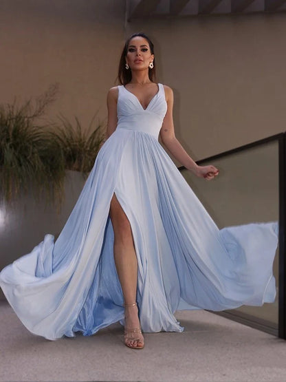 A-Line Princess Ruffles Jersey V-neck Sleeveless Floor-Length Prom Dresses