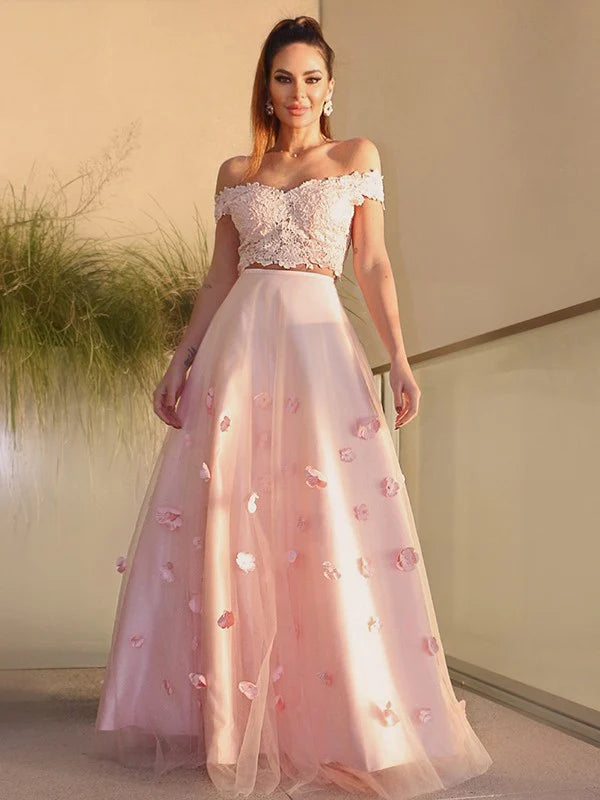 A-Line Princess Tulle Hand-Made Flower Off-the-Shoulder Sleeveless Floor-Length Two Piece Dresses