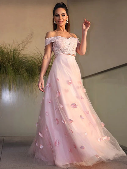 A-Line Princess Tulle Hand-Made Flower Off-the-Shoulder Sleeveless Floor-Length Two Piece Dresses