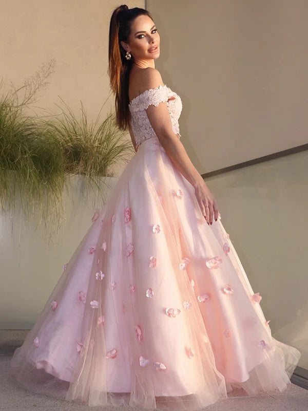 A-Line Princess Tulle Hand-Made Flower Off-the-Shoulder Sleeveless Floor-Length Two Piece Dresses