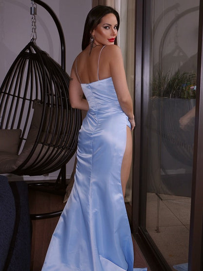 Sheath/Column Satin Ruched V-neck Sleeveless Sweep/Brush Train Party Dresses Formal Dresses