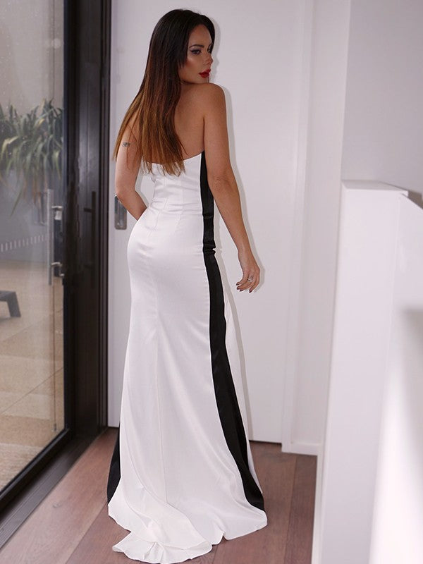 Sheath/Column Elastic Woven Satin Ruched Strapless Sleeveless Sweep/Brush Train Party Dresses Formal Dresses