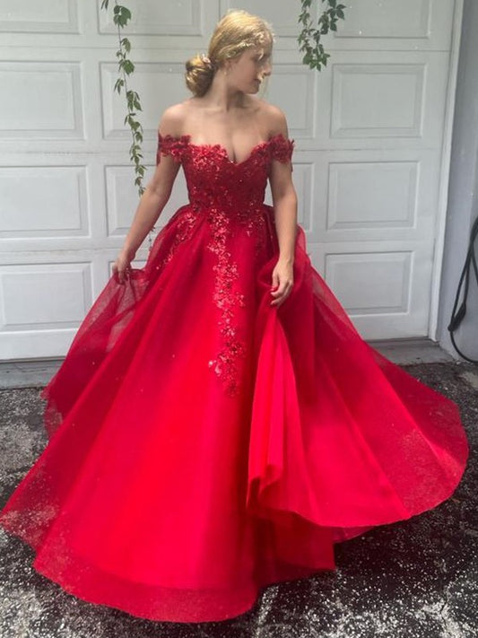 A-Line/Princess Off-the-Shoulder Tulle Applique Sleeveless Floor-Length Dresses