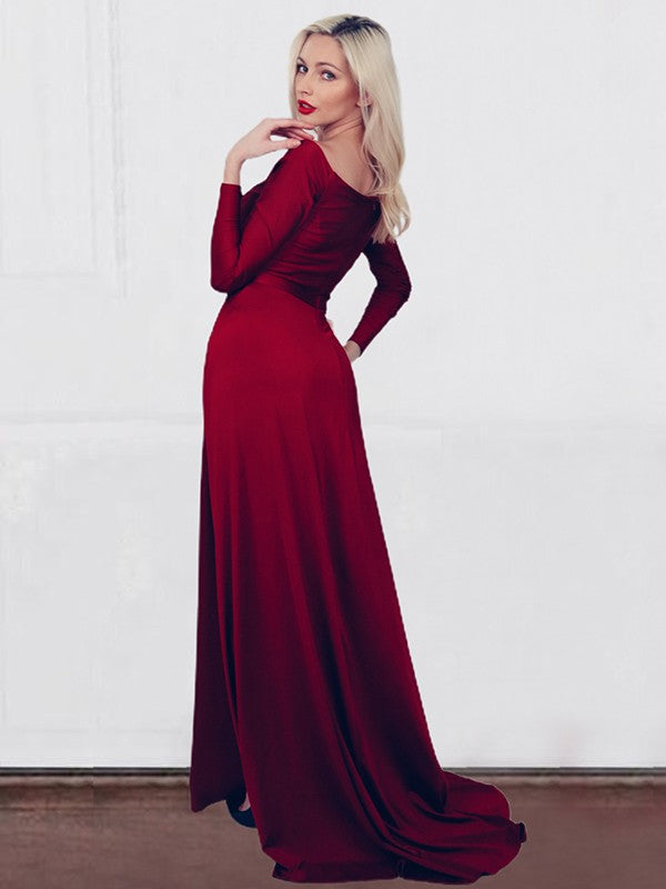 A-Line/Princess Jersey Ruched V-neck Long Sleeves Sweep/Brush Train Dresses