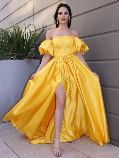 A-Line Princess Satin Ruffles Off-the-Shoulder Short Sleeves Floor Length Prom Dresses Yellow