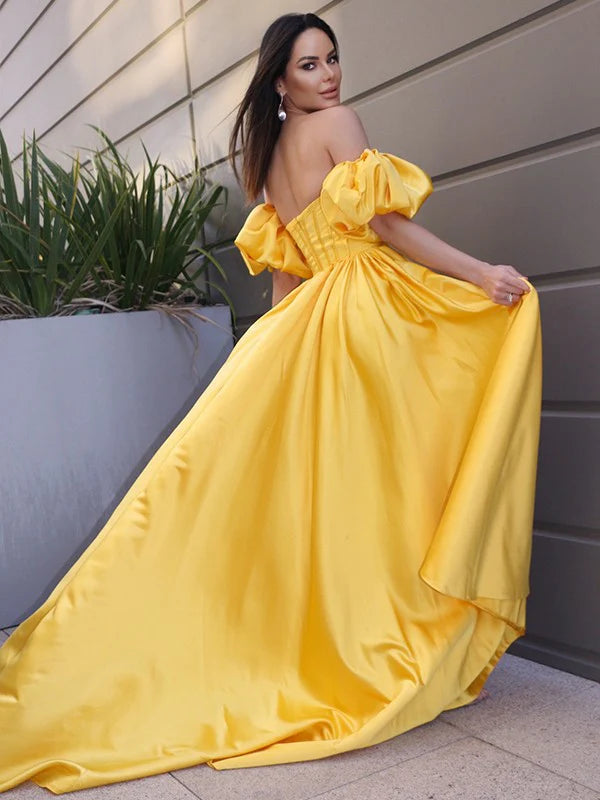 A-Line Princess Satin Ruffles Off-the-Shoulder Short Sleeves Floor Length Prom Dresses Yellow