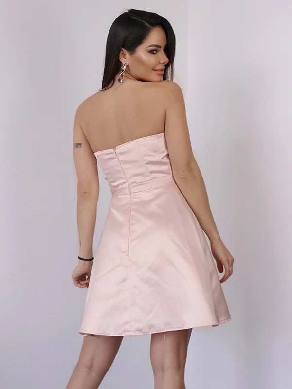 A-Line Princess Satin Bowknot Front Strapless Sleeveless Short Mini Dresses