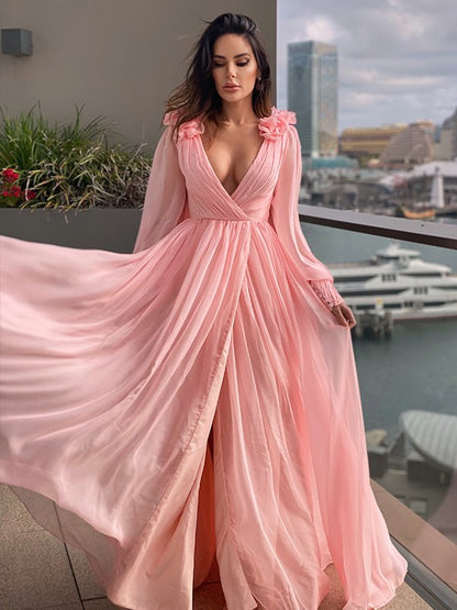 A-Line/Princess 30D Chiffon Ruffles V-neck Long Sleeves Sweep/Brush Train Dresses