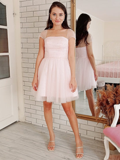 A-Line/Princess Tulle Beading Strapless Short Sleeves Short/Mini Dresses Homecoming Dresses Cocktail Dresses