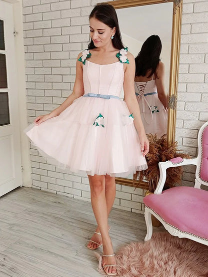 A-Line Princess Tulle Hand-Made Flower Square Sleeveless Short Mini Dresses With Ribbon