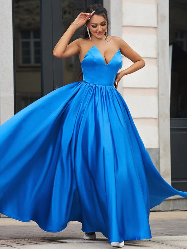 A-Line Princess Satin Ruffles Sweetheart Sleeveless Floor-Length Prom Dresses