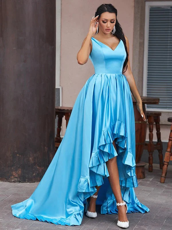 A-Line Princess Satin Ruffles V-neck Sleeveless Asymmetrical Prom Dresses Solid Color