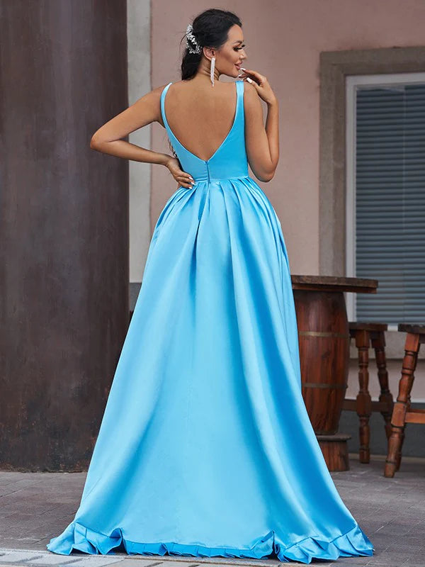 A-Line Princess Satin Ruffles V-neck Sleeveless Asymmetrical Prom Dresses Solid Color