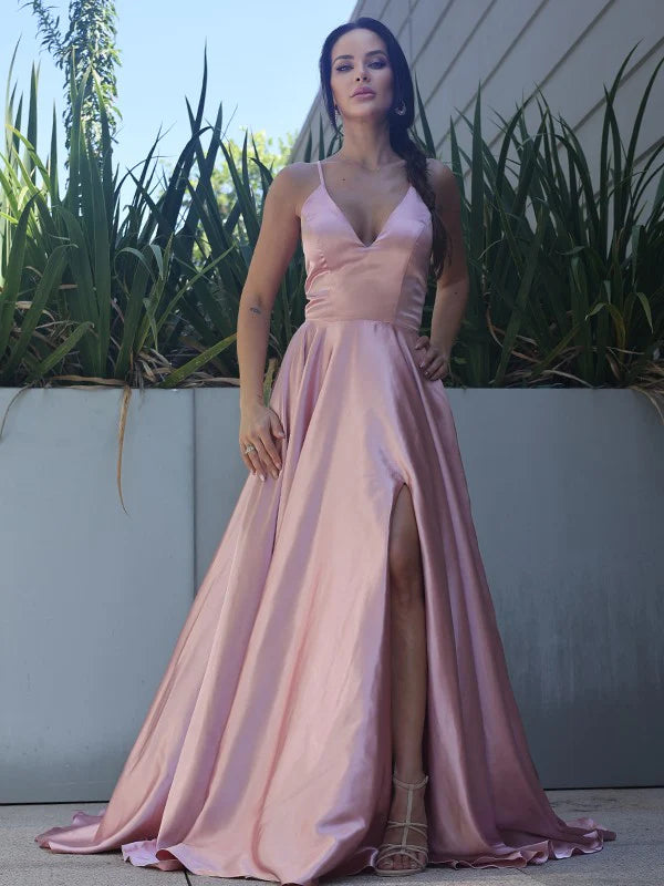 A-Line Princess Silk like Satin Ruffles V-neck Sleeveless Floor Length Dresses