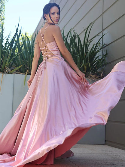 A-Line Princess Silk like Satin Ruffles V-neck Sleeveless Floor Length Dresses