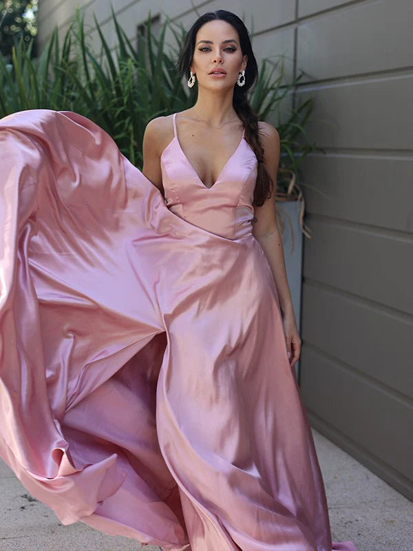 A-Line Princess Silk like Satin Ruffles V-neck Sleeveless Floor Length Dresses