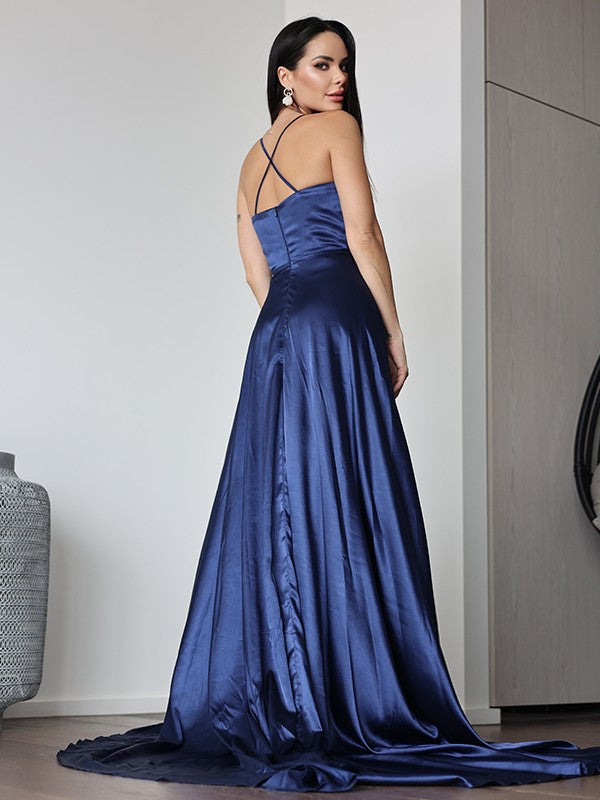 A-Line/Princess Silk Like Satin Ruched V-neck Sleeveless Sweep/Brush Train Dresses