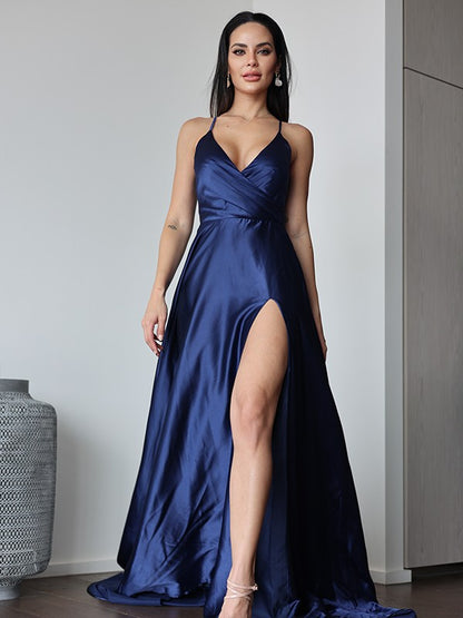 A-Line/Princess Silk Like Satin Ruched V-neck Sleeveless Sweep/Brush Train Dresses