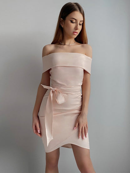 Sheath/Column Stretch Crepe Sash/Ribbon/Belt Off-the-Shoulder Sleeveless Short/Mini Dresses