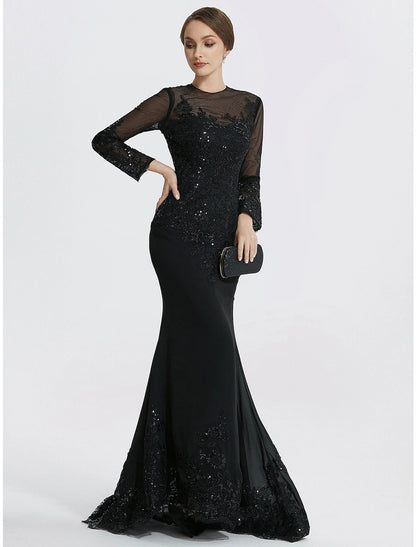 Mermaid / Trumpet Sheath / Column Evening Gown Elegant Dress Formal Floor Length Long Sleeve Jewel Neck Lace with Appliques