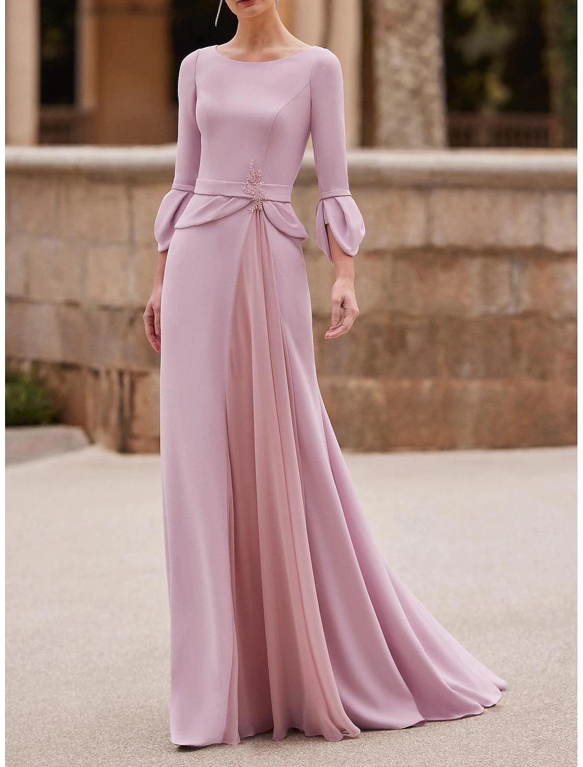 Mermaid / Trumpet Mother of the Bride Dress Floor Length Chiffon 3/4 Length Sleeve with Crystal