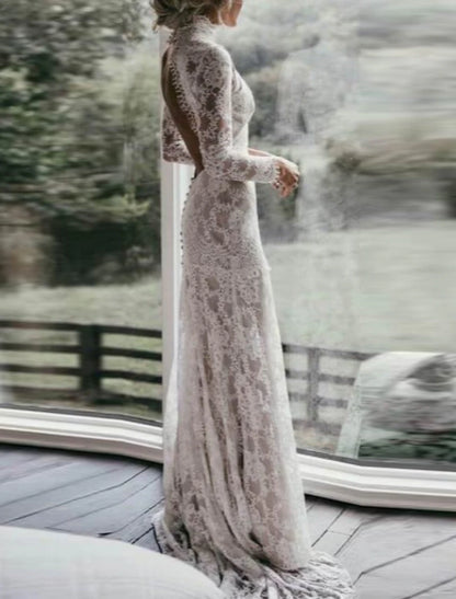 Beach Boho Wedding Dresses Sheath / Column High Neck Long Sleeve Court Train Lace Bridal Gowns With Appliques Solid Color