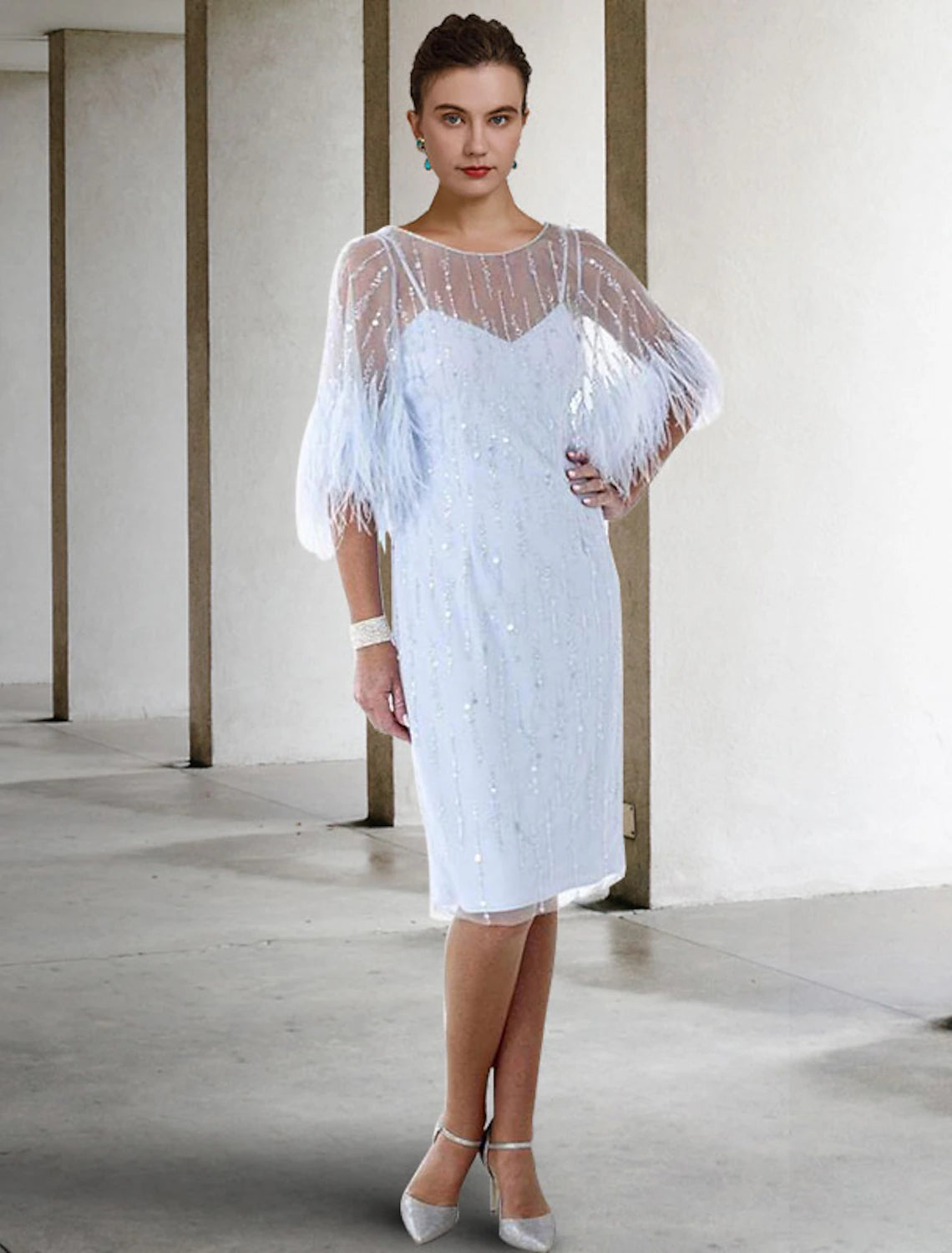 Sheath / Column Mother of the Bride Dress Wedding Guest Elegant Sparkle & Shine Jewel Neck Knee Length Stretch Chiffon Half Sleeve with Feather Beading Sequin