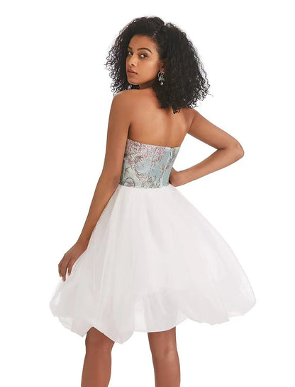 A-Line Homecoming Dresses Color Block Dress Graduation Short / Mini Sleeveless Strapless Tulle with Print