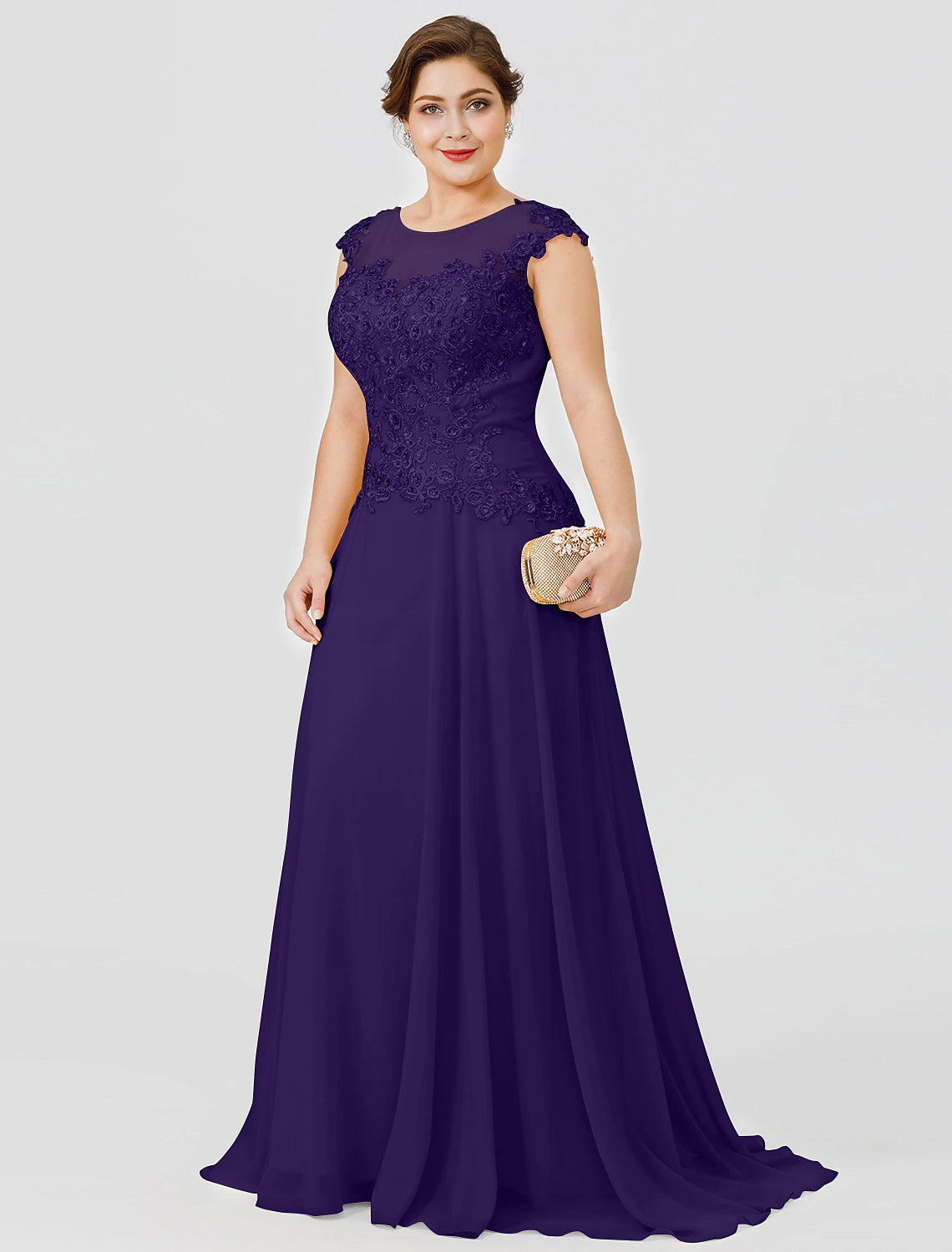 A-Line Mother of the Bride Dress Wedding Guest Elegant Plus Size Illusion Neck Sweep / Brush Train Chiffon Beaded Lace Short Sleeve No with Bow(s) Pleats