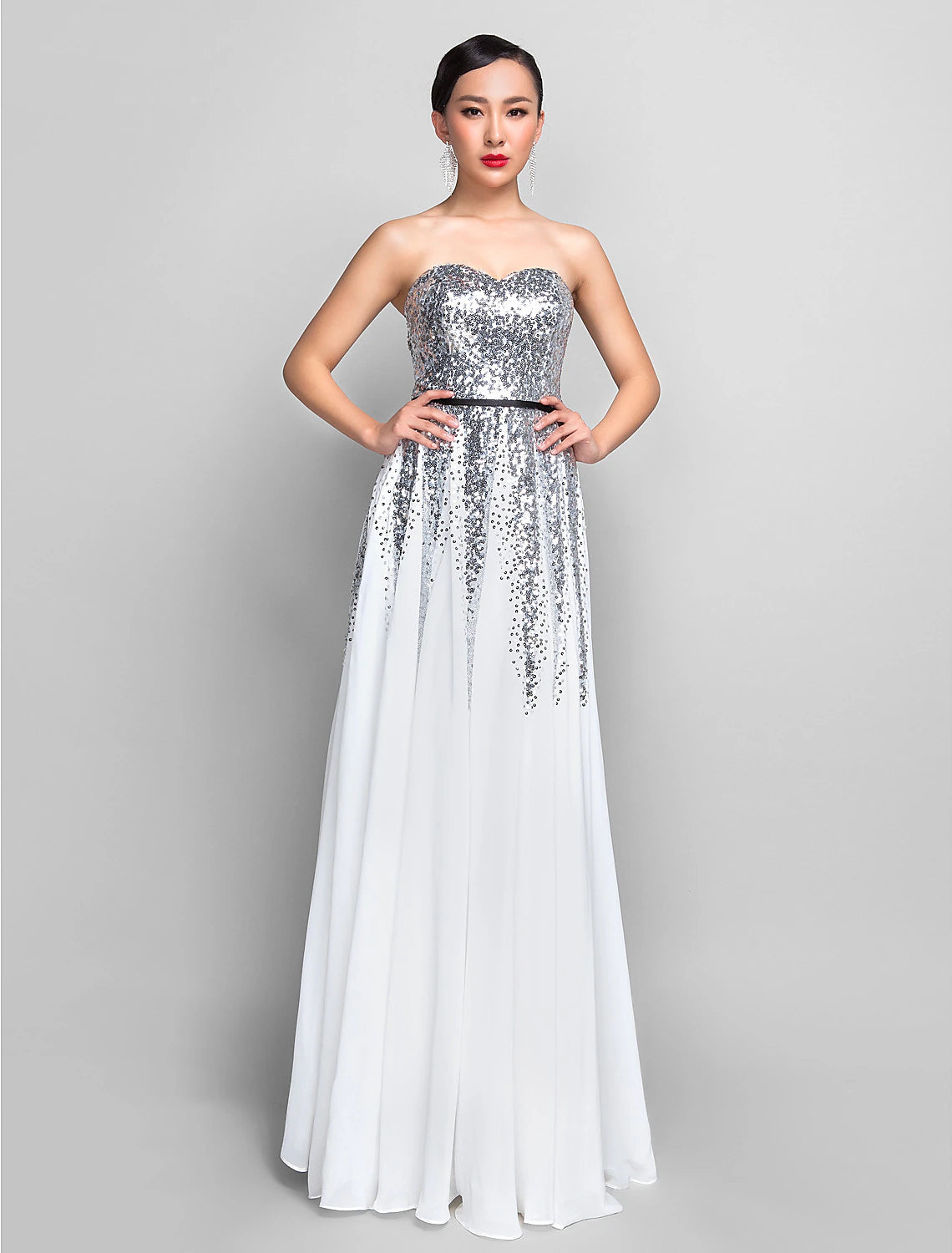 A-Line Sweetheart Neckline Floor Length Chiffon / Sequined Dress with Sequin / Sash / Ribbon