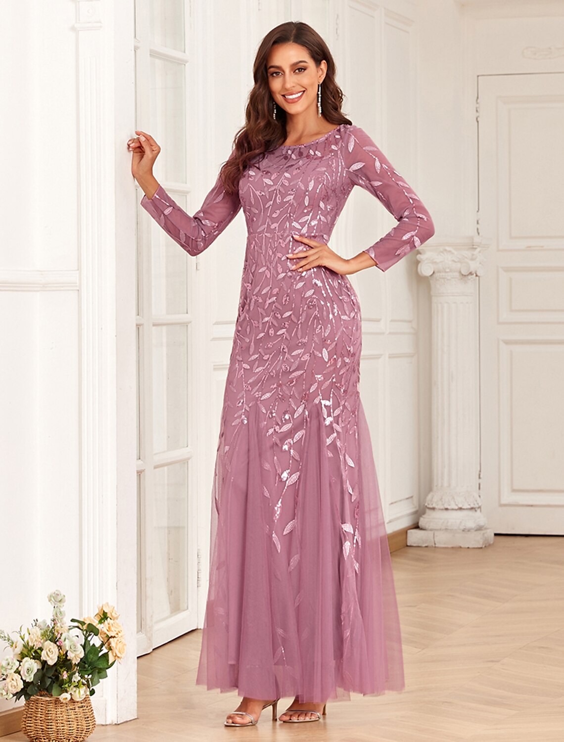 Mermaid / Trumpet Evening Gown Elegant Dress Wedding Guest Prom Floor Length Long Sleeve Jewel Neck Tulle with Embroidery