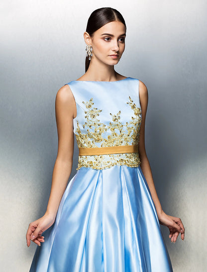 A-Line Cocktail Dresses Elegant Dress Wedding Guest Prom Tea Length Sleeveless Jewel Neck Satin V Back with Pleats Appliques