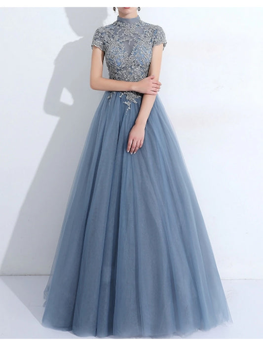 A-Line Evening Gown Quinceanera Floor Length Short Sleeve High Neck Tulle with Pleats Appliques