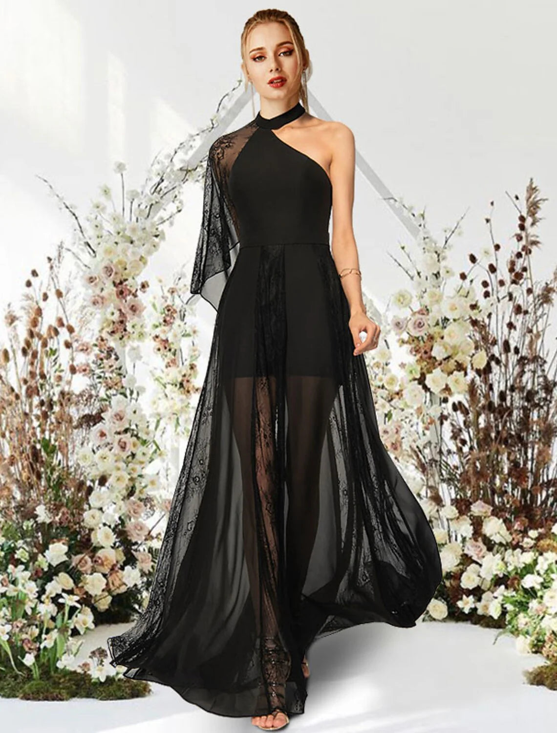 A-Line Evening Gown Empire Dress Wedding Guest Floor Length Half Sleeve One Shoulder Lace with Pleats