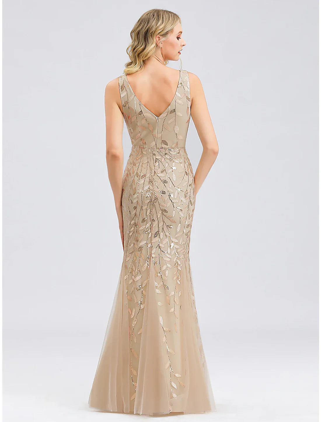 Mermaid / Trumpet Sparkle Sexy Prom Formal Evening Valentine's Day Dress V Neck V Back Sleeveless Floor Length Tulle