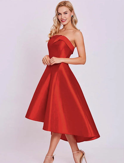 A-Line Cocktail Dresses Minimalist Dress Homecoming Wedding Guest Tea Length Sleeveless Strapless Satin with Sleek $79.99