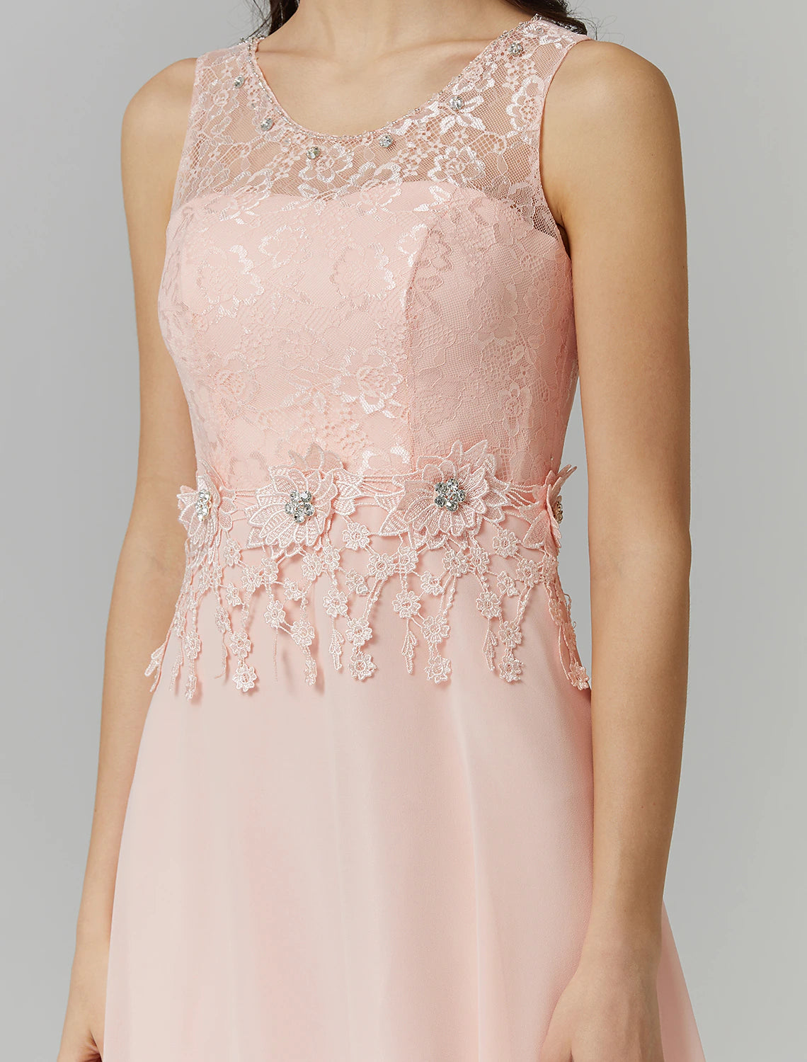 A-Line Empire Dress Valentine's Day Wedding Guest Floor Length Sleeveless Illusion Neck Bridesmaid Dress Chiffon with Beading Appliques