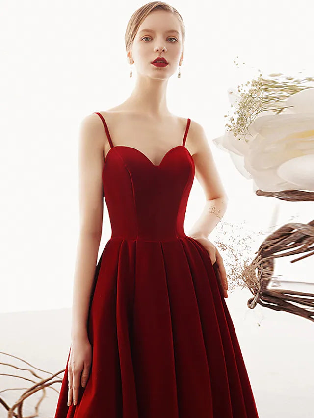 A-Line Prom Dresses Beautiful Back Dress Party Wear Ankle Length Sleeveless Spaghetti Strap Velvet with Sleek Pleats