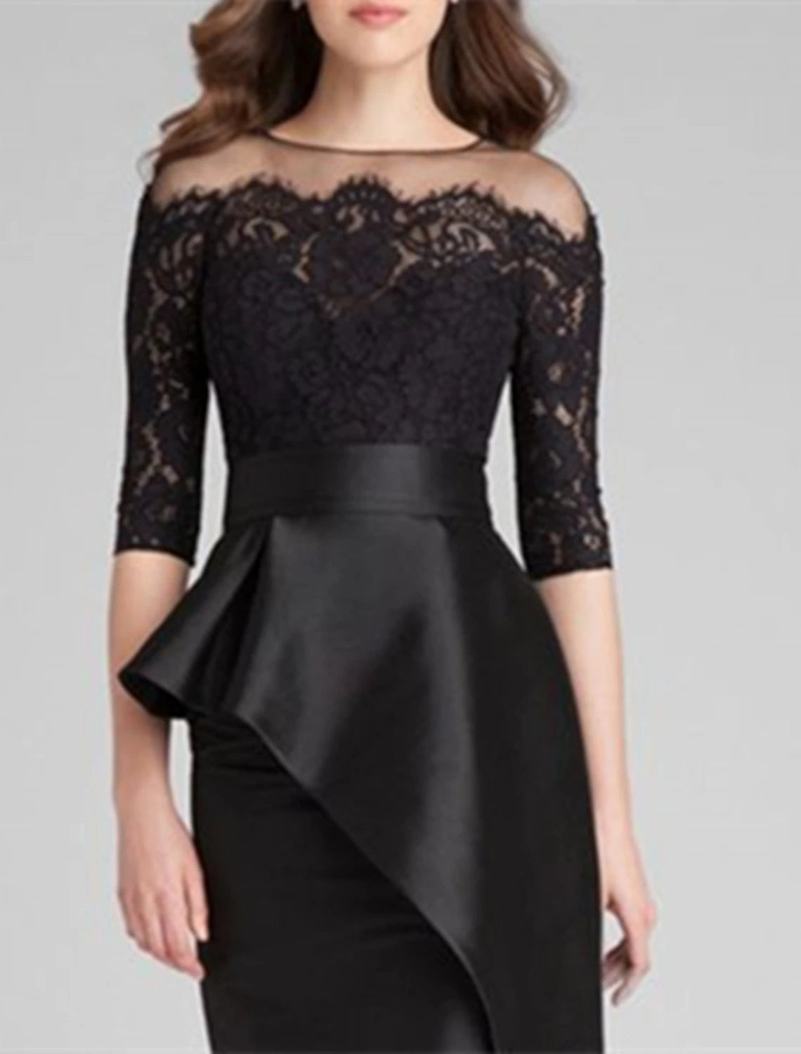 Sheath Mermaid Simple Jewel Neck Floor Length Wedding Guest Satin Lace Half Sleeve with Ruffles  Mother of the Bride Dress Appliques