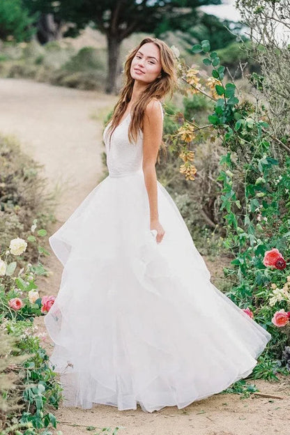 Multi Layered V-neck Tulle Wedding Dress With Ruffles White Floor Length