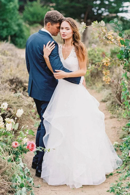 Multi Layered V-neck Tulle Wedding Dress With Ruffles White Floor Length