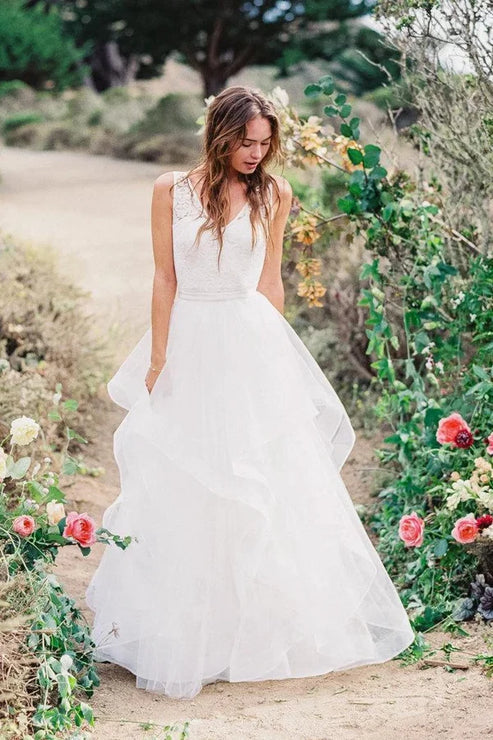 Multi Layered V-neck Tulle Wedding Dress With Ruffles White Floor Length