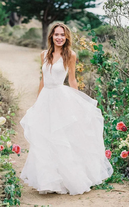 Multi Layered V-neck Tulle Wedding Dress With Ruffles White Floor Length