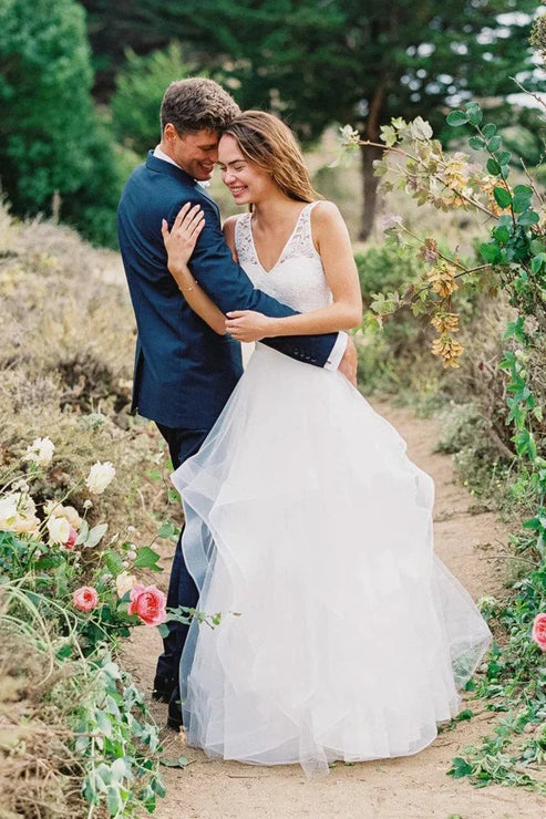 Multi Layered V-neck Tulle Wedding Dress With Ruffles White Floor Length