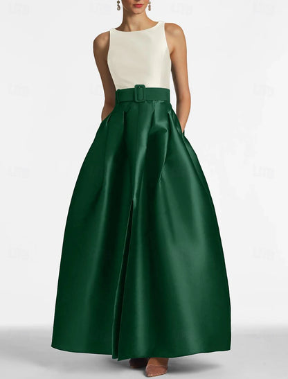 A-Line Wedding Guest Dress Dress Formal Floor Length Sleeveless Jewel Neck Belt / Sash Satin with Pleats Slit