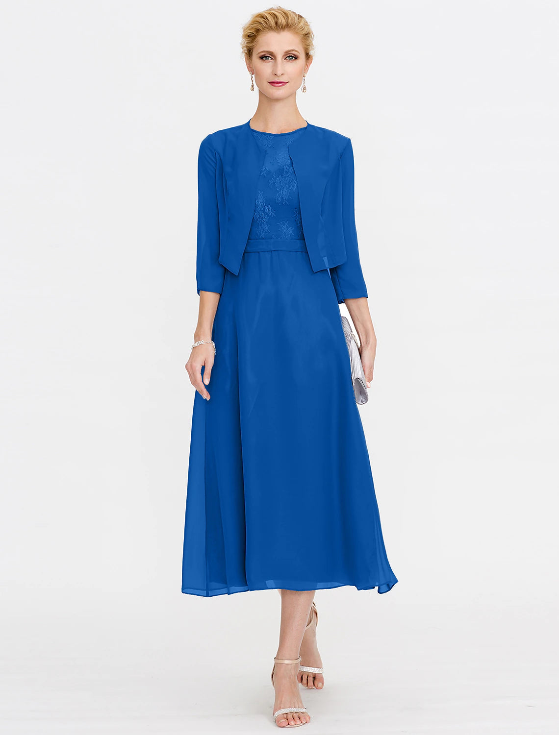 A-Line Mother of the Bride Dress Wedding Guest Elegant Plus Size Illusion Neck Tea Length Chiffon Corded Lace Sleeveless Wrap Included with Lace Pleats